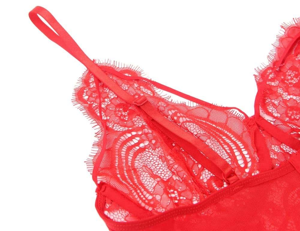 Plus Size Red Lace Open Bust Bra And Garter Panty Set With Steel Ring - Image 11