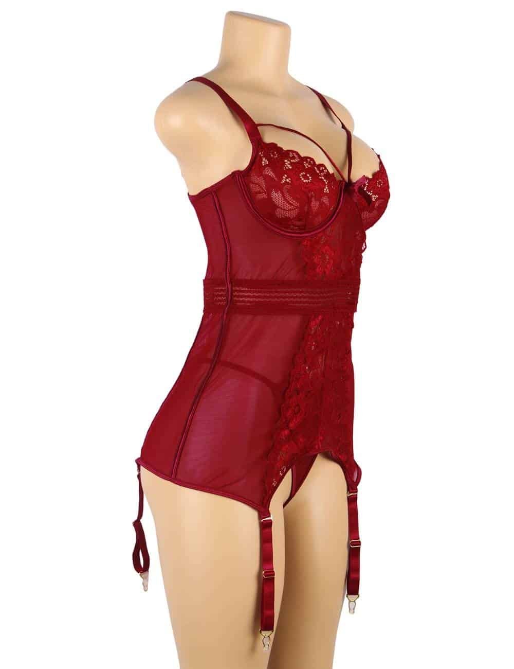 Garter Babydoll With Underwire Plus Size Mesh Stitching Dark Red Lace Lingerie - Image 7