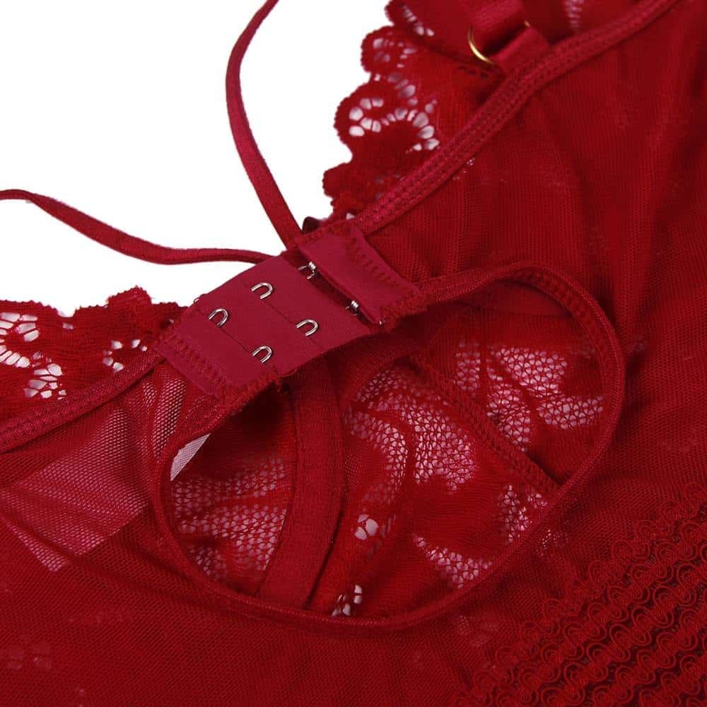 Garter Babydoll With Underwire Plus Size Mesh Stitching Dark Red Lace Lingerie - Image 13