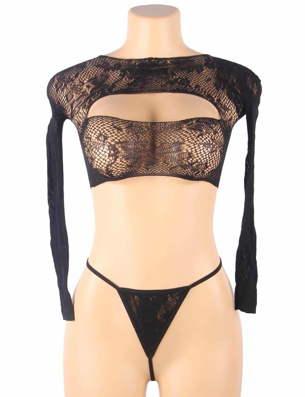 Black Sexy Open Chest Long Sleeve Stretch Fishnet Set - Image 5
