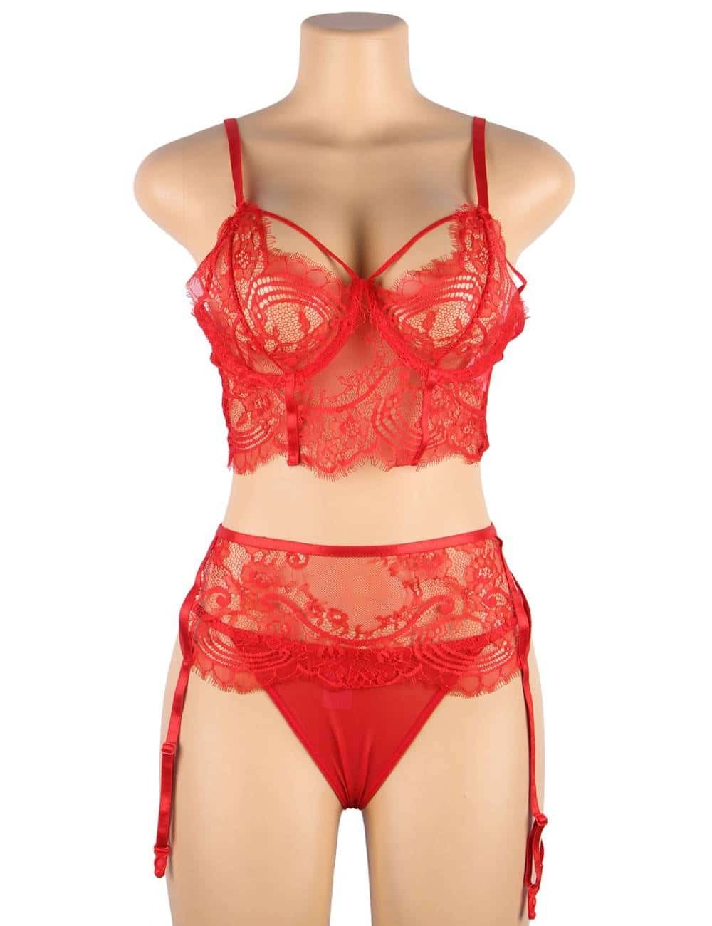 Plus Size Red Lace Open Bust Bra And Garter Panty Set With Steel Ring - Image 5