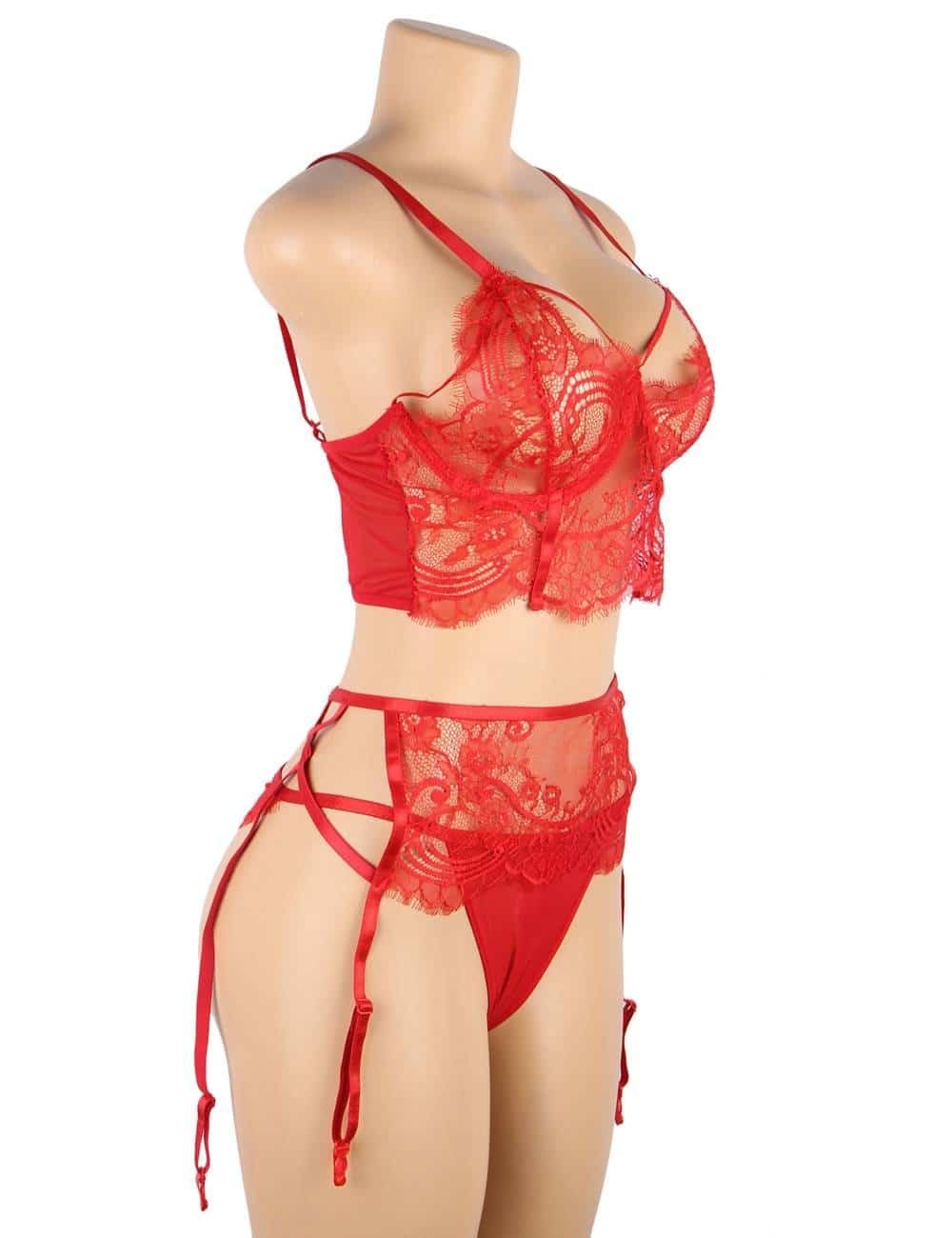 Plus Size Red Lace Open Bust Bra And Garter Panty Set With Steel Ring - Image 6