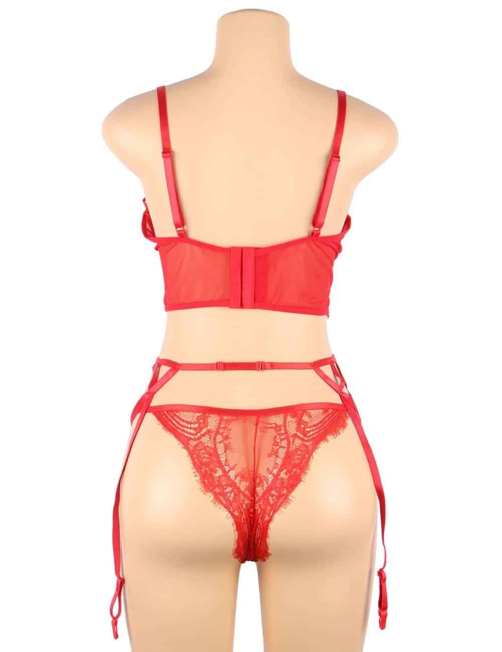 Plus Size Red Lace Open Bust Bra And Garter Panty Set With Steel Ring - Image 7