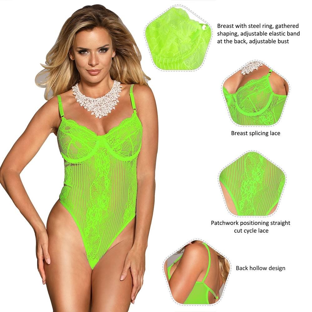 Chartreuse Glamour Underwire Hollywood Sheer Lace Teddy With Steel Ring - Image 3