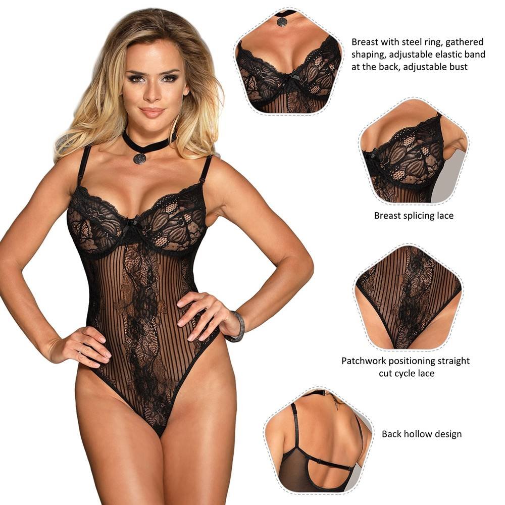 Black Glamour Hollywood Sheer Lace Underwire Teddy - Image 3