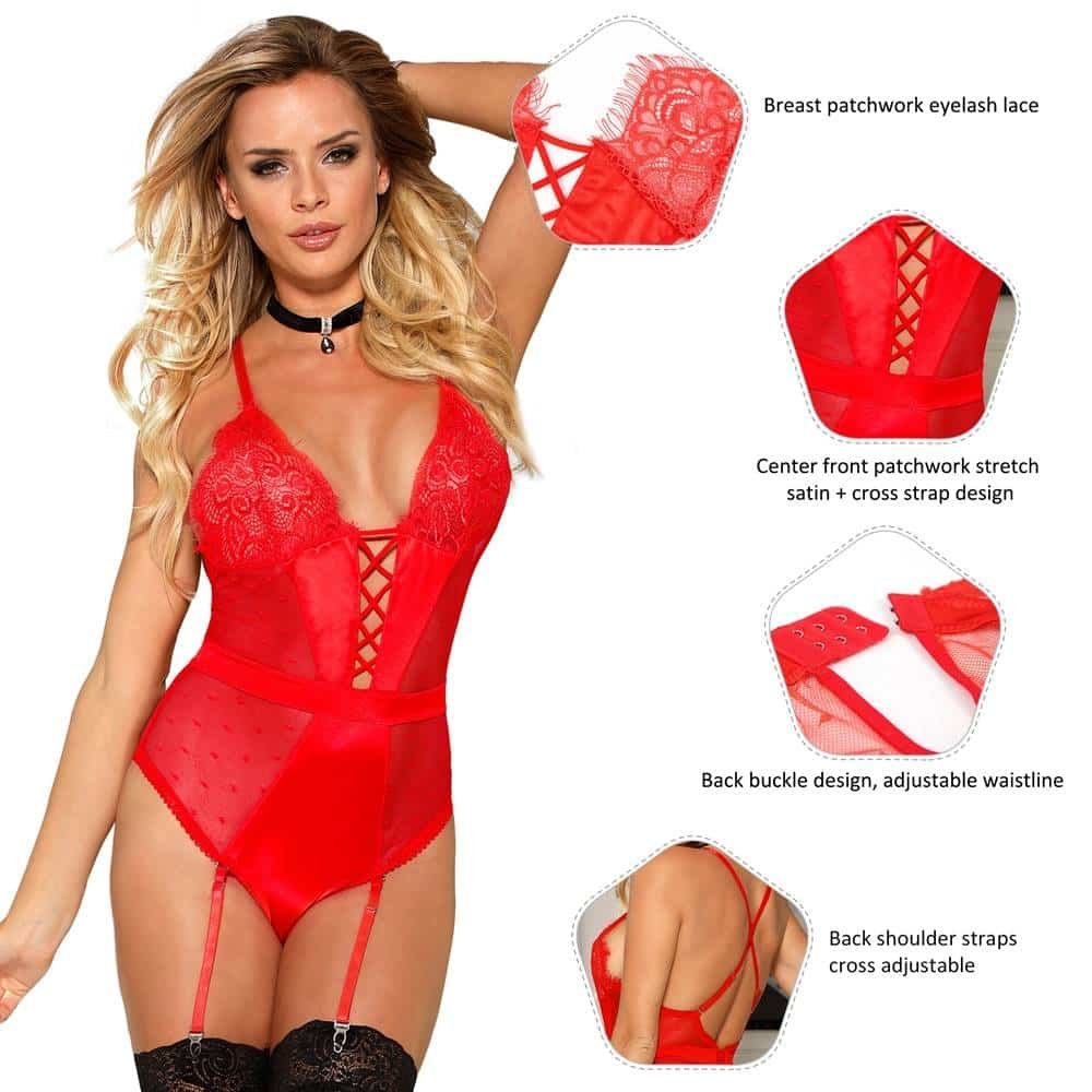 Red Deluxe Satin Lace Stitching Teddy - Image 3