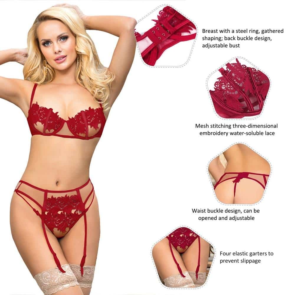 Sexy 3pcs Red Elegant Embroidery Applique Lace Bra Panty Set With Underwire - Image 3