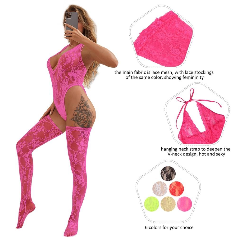 Lace Teddy with the Stocking Pink Sexy Halter V Neckline Lingerie - Image 3