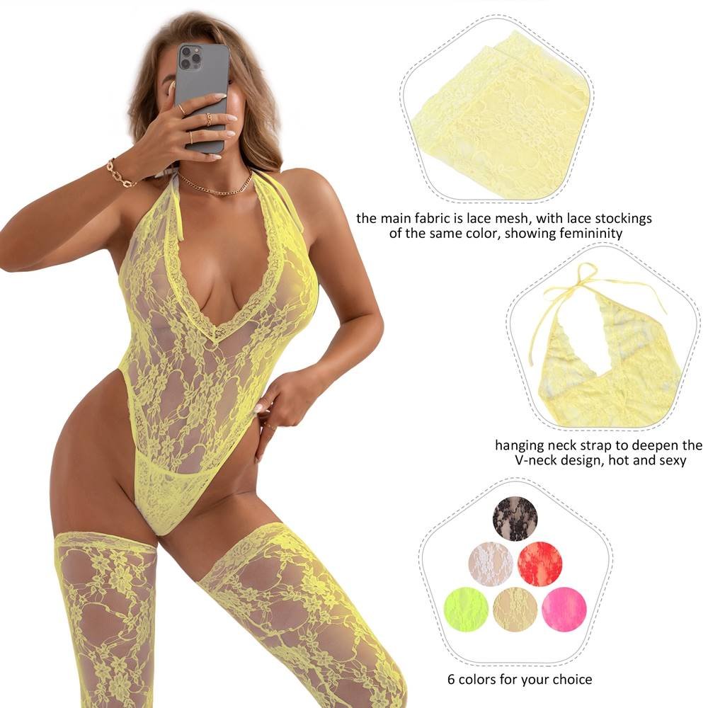 Sexy Yellow Halter V Neckline Lace Teddy with the Stocking - Image 3