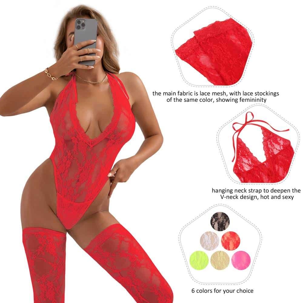 Plus Size Teddy Sexy Halter V Neckline Lace Lingerie with the Stocking