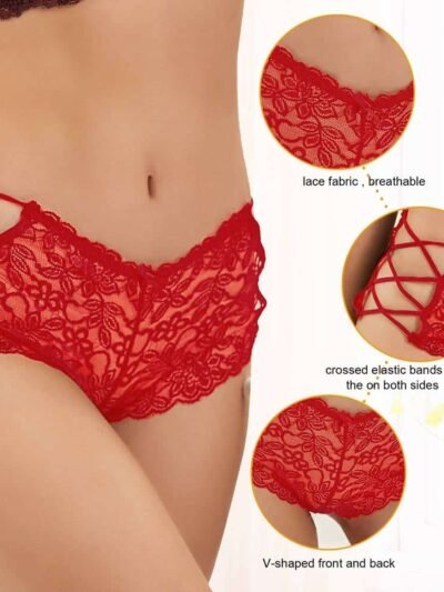 Red Sexy Strappy Floral Lace High Waist Panty