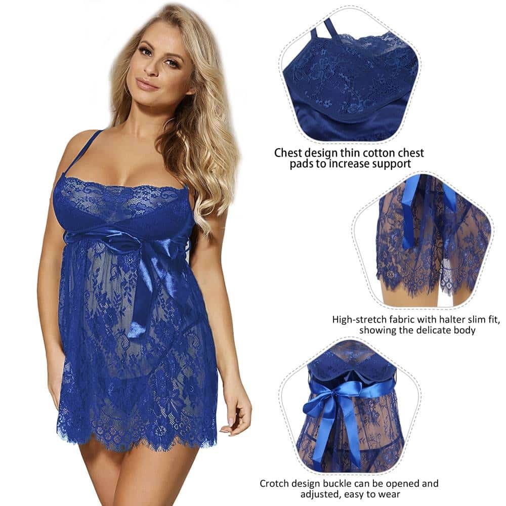 Sexy Eyelash Blue Lace Chest Pad Plus Size Sleepwear With Thong - Image 3