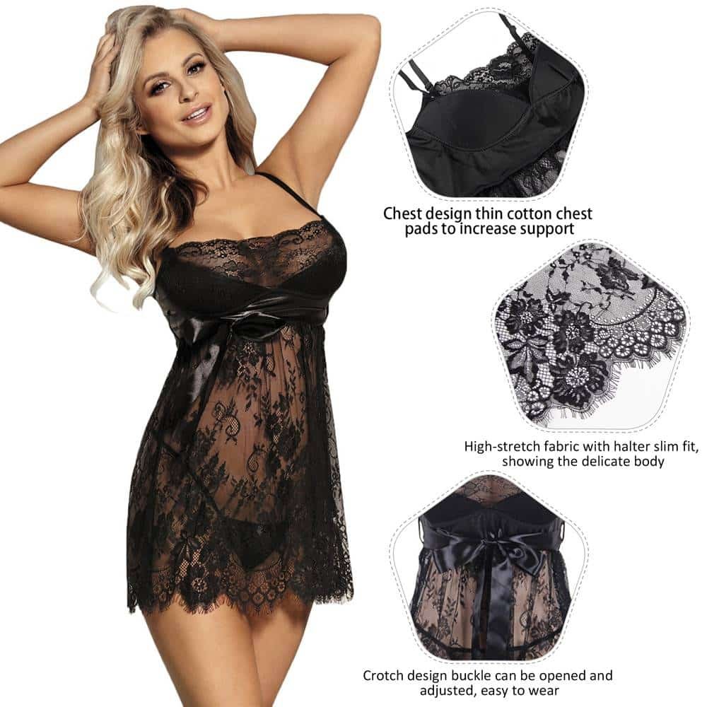 Plus Size Black Bow Lingerie With Thong - Image 3
