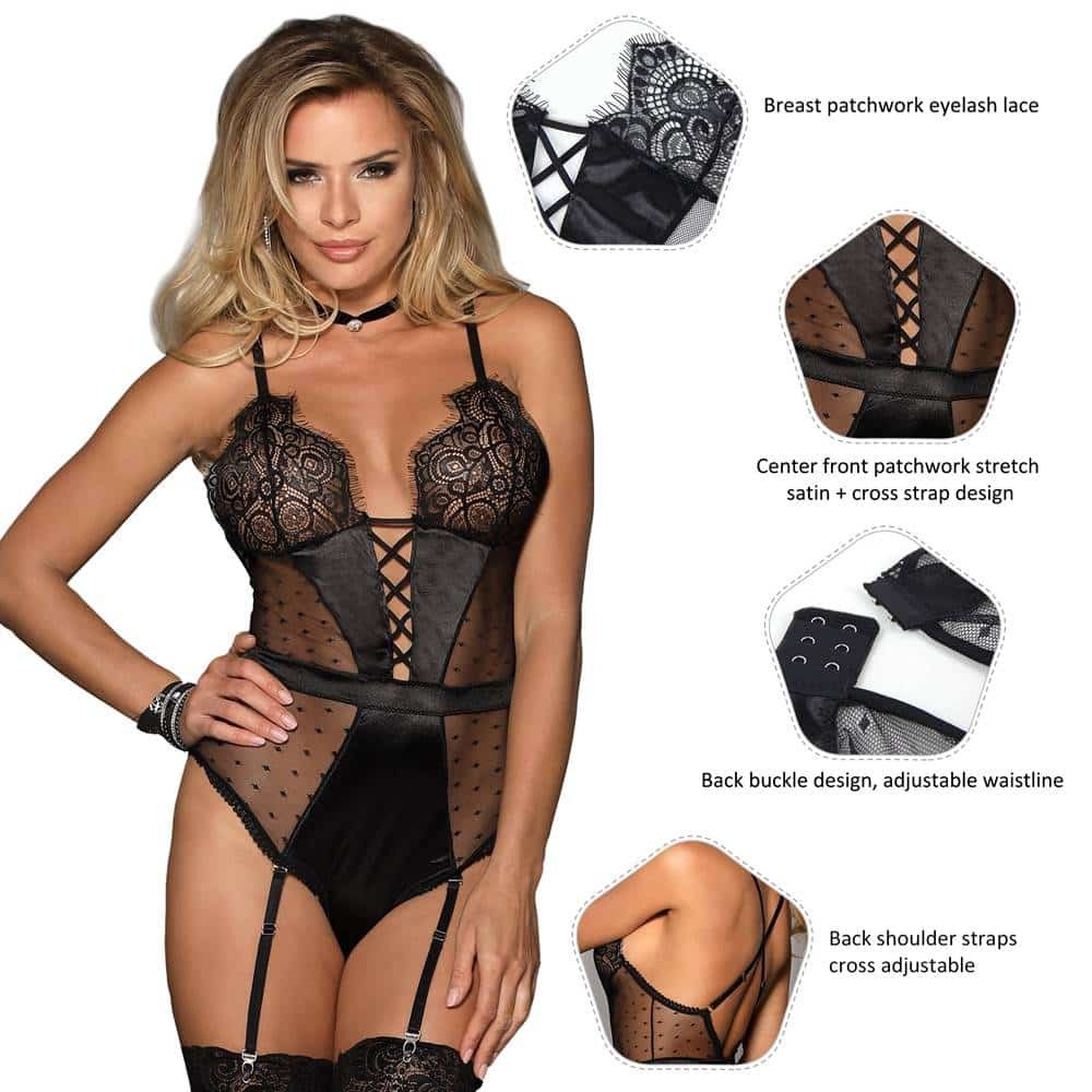 Plus Size Black Satin Lace Stitching Teddy With Garter - Image 3