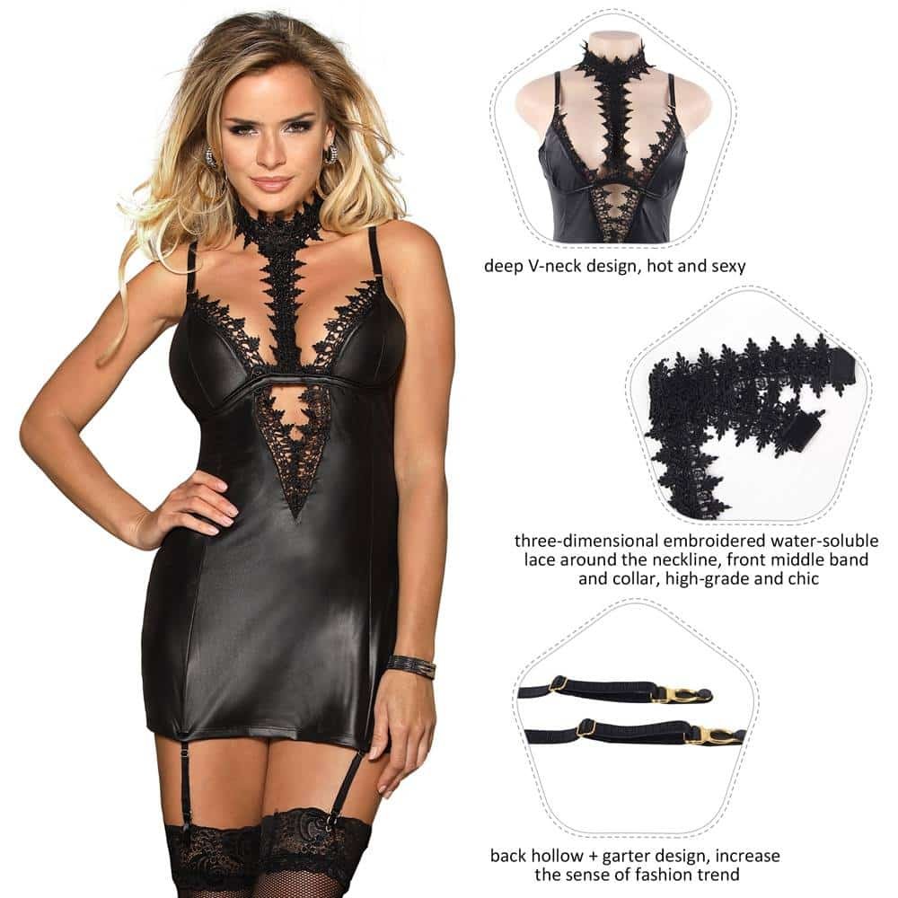 Plus Size Black Leather Intimates Exquisite Lace Choker Neck Garter Lingerie - Image 3
