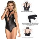 Plus Size Black Leather Exquisite Lace Choker Neck Teddy Lingerie