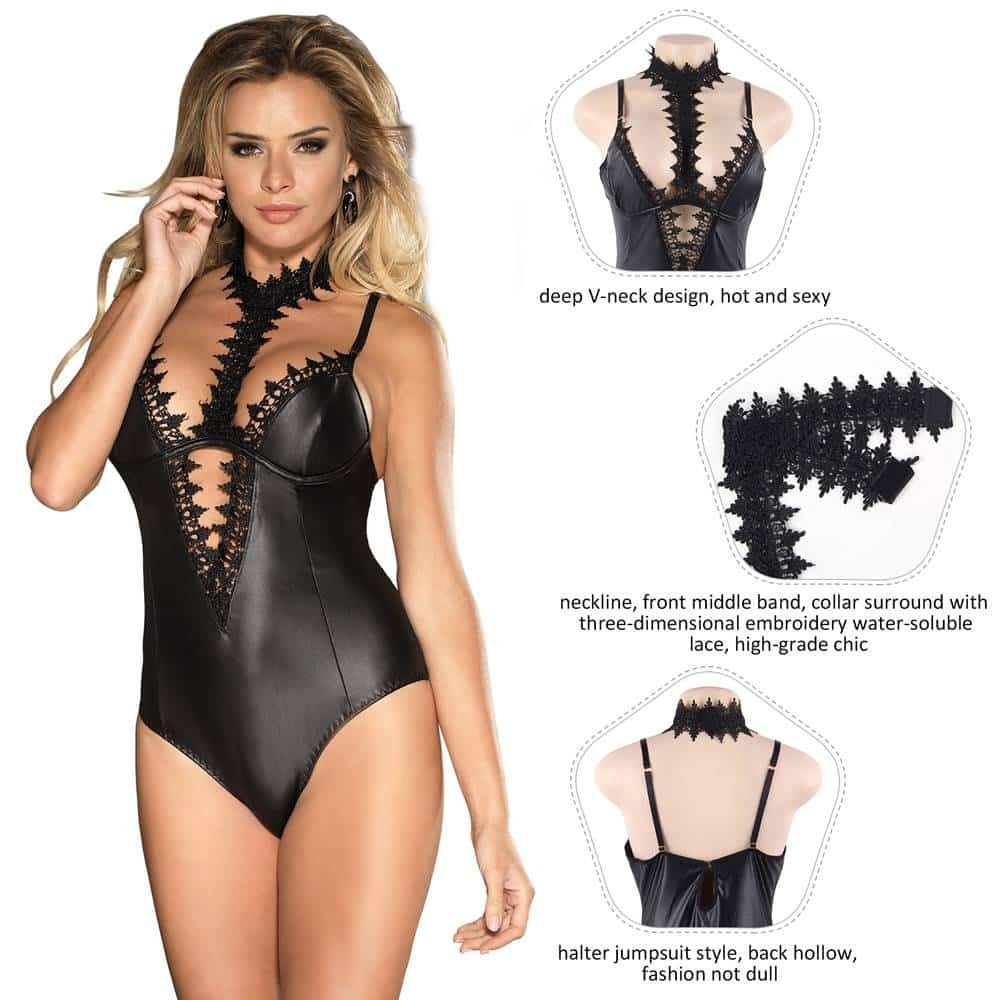 Plus Size Black Leather Exquisite Lace Choker Neck Teddy Lingerie