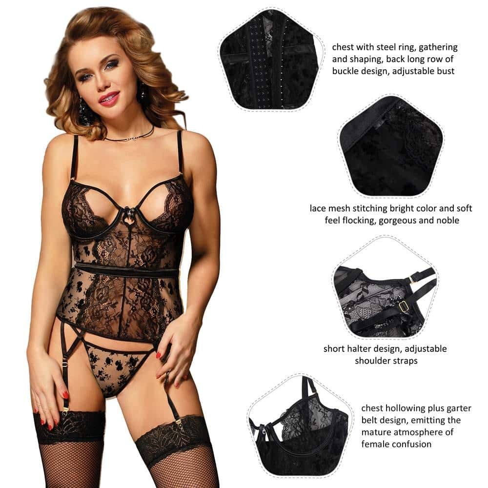 Exquisite Flocking Black Lace Garter Lingerie Plus Size With Underwire - Image 3