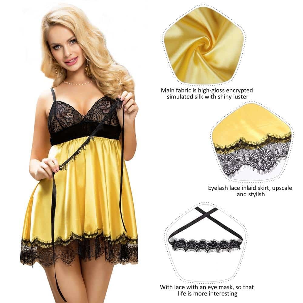 Yellow Sleepwear With Blindfold Silk Eyelash Lace Plus Size Camisole - Image 3