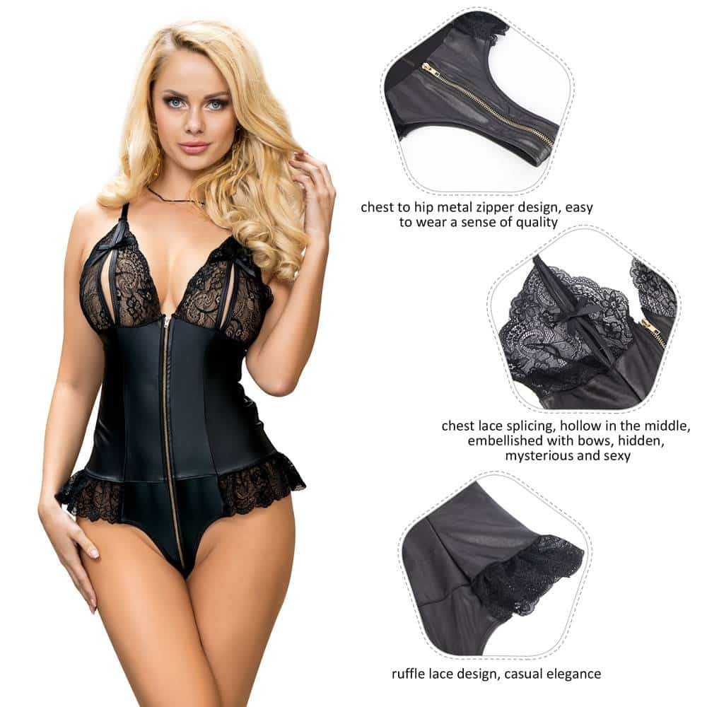 Plus Size Sexy Lace Leather Stitching Zipper Teddy Clubwear - Image 3