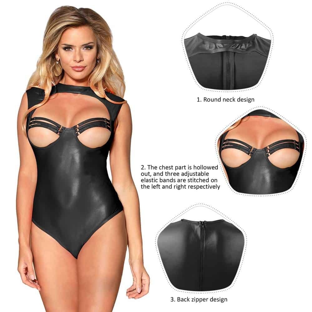 Plus Size Black Leather Open Bust Teddy - Image 3