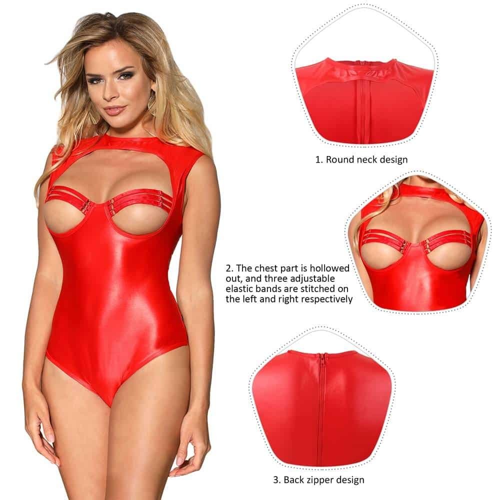 Plus Size Red Leather Open Bust Teddy - Image 3