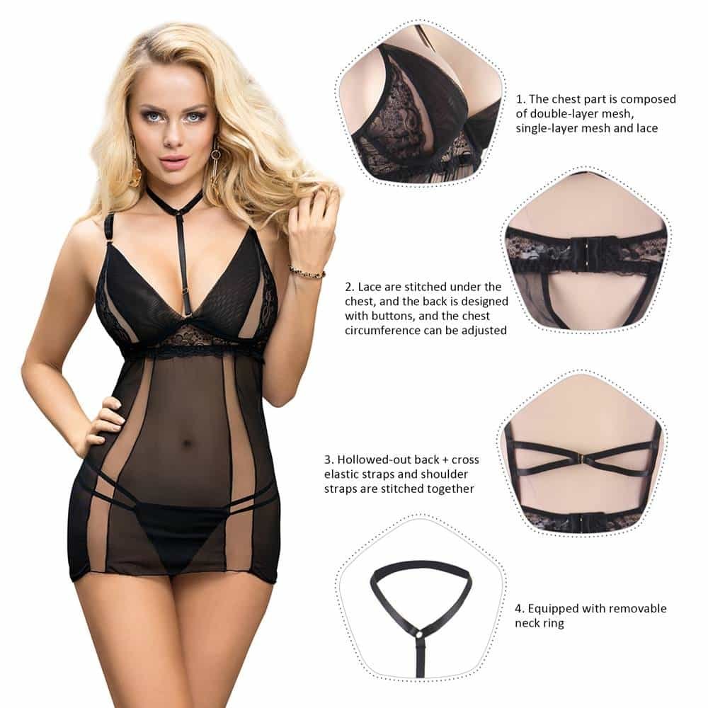 Plus Size Elegant Black Lace Hanging Neck Perspective Sexy Babydoll - Image 3