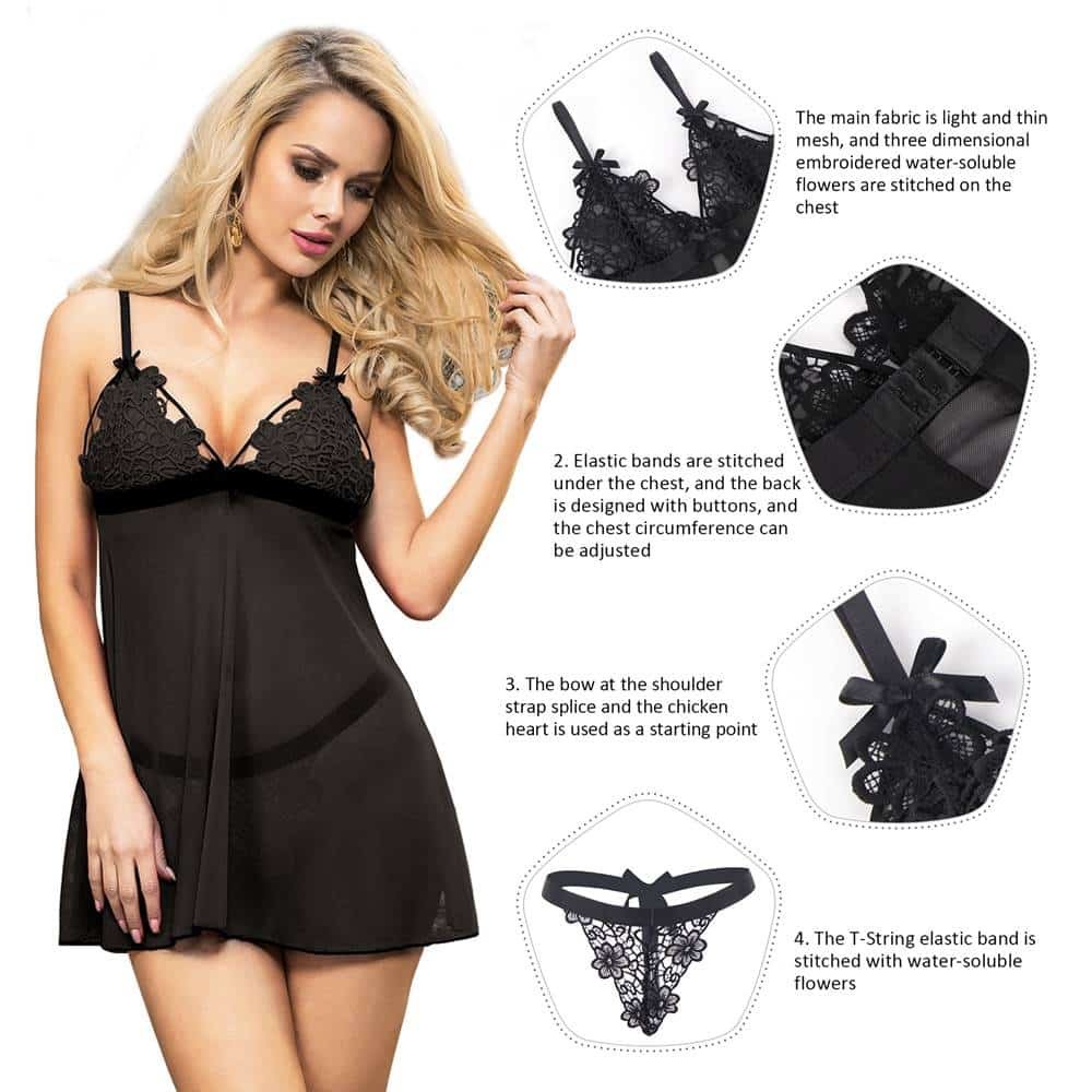 Plus Size Black Lace High-end Delicate Embroidery Babydoll Lingerie Set - Image 3