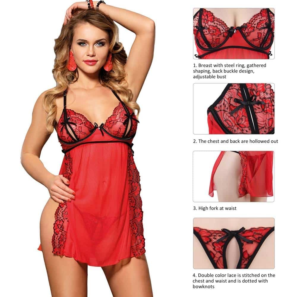 Plus Size Elegant Strappy Red Transparent Lace Racy Sexy Babydoll - Image 3