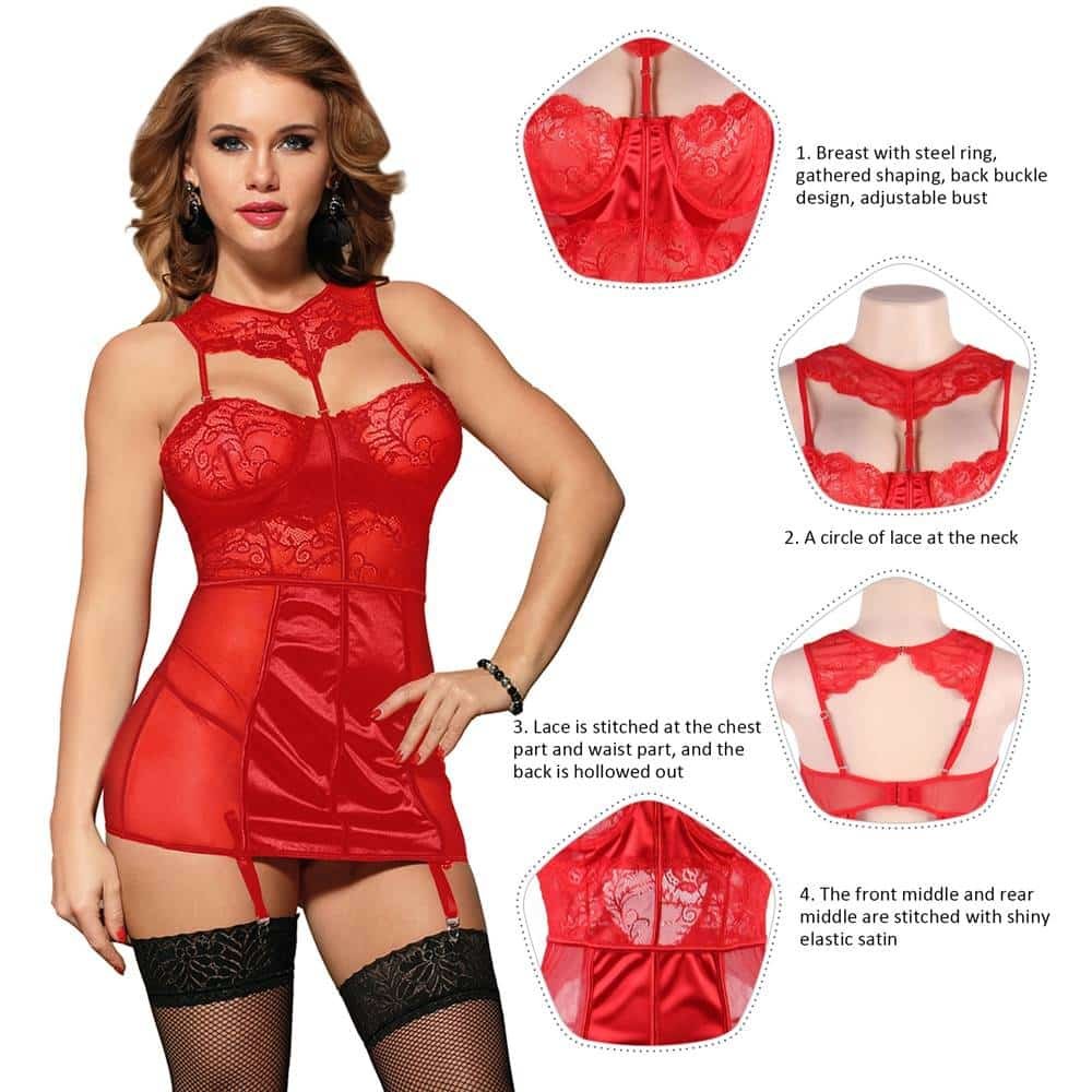 Plus Size Red Deluxe Satin Lace Stitching Babydoll With Steel Ring - Image 4