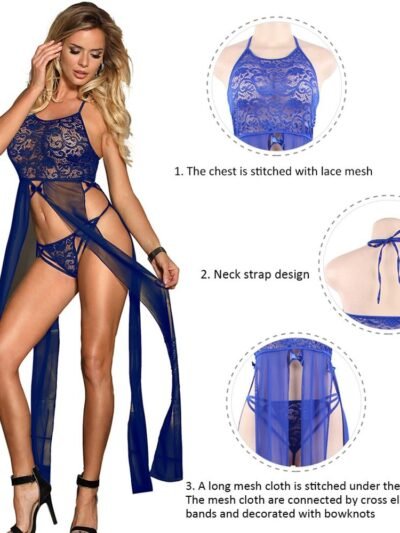 Plus Size Elegant Blue Hollow Out Lace Sexy Nightgown