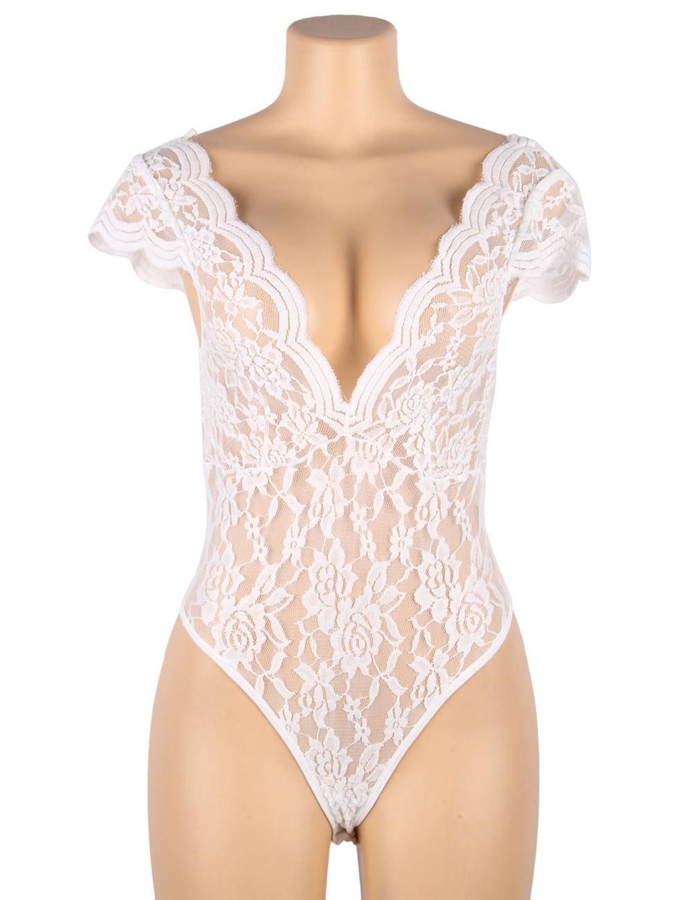 Sexy White Deep V backless Full Lace Teddy - Image 4