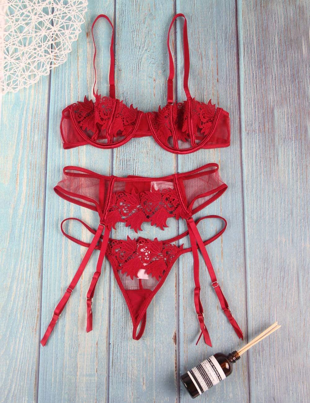 Sexy 3pcs Red Elegant Embroidery Applique Lace Bra Panty Set With Underwire - Image 6