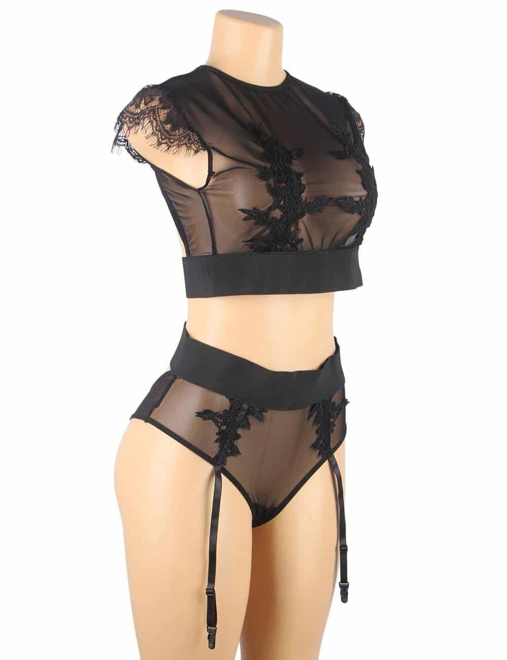 Plus Size Black Sexy High Waist Elegant Embroidery Bra And Garter Panty Set - Image 6