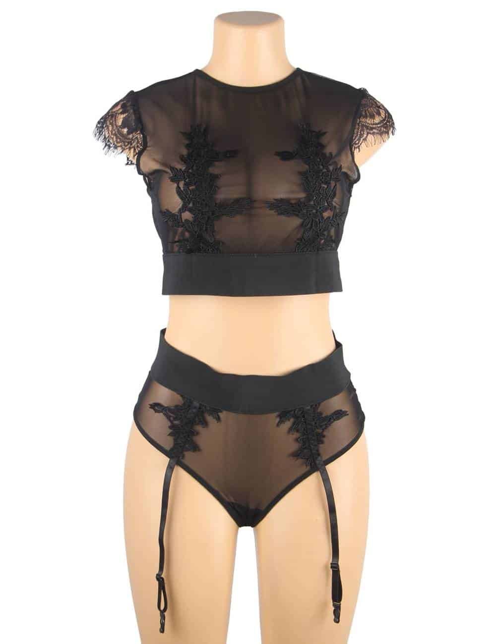 Plus Size Black Sexy High Waist Elegant Embroidery Bra And Garter Panty Set - Image 5