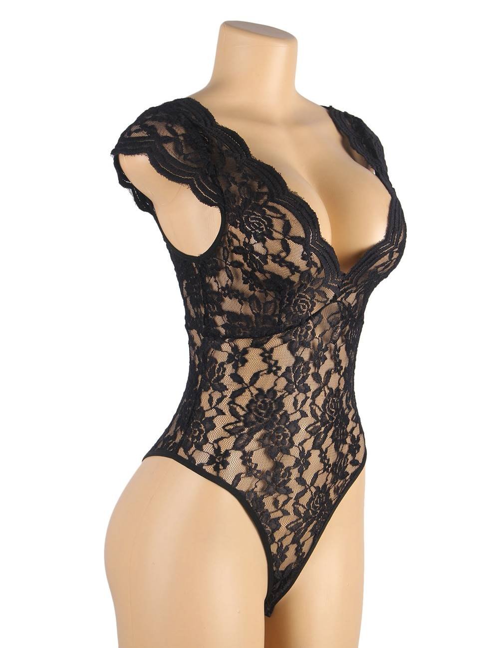 Sexy Black Deep V backless Full Lace Teddy - Image 4