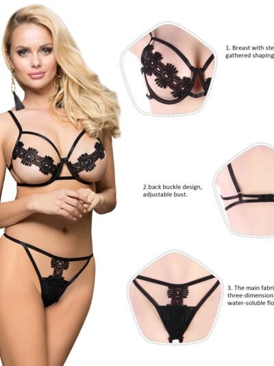Plus Size Black Delicate Flowers Lace Hollow Out Bra Set With Underwire