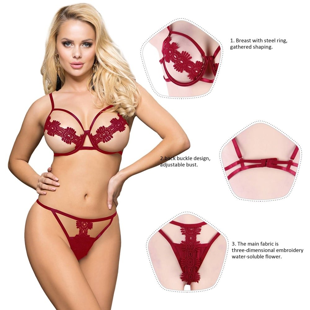 Red Delicate Flowers Lace Hollow Out Bra Set With Underwire - Image 3