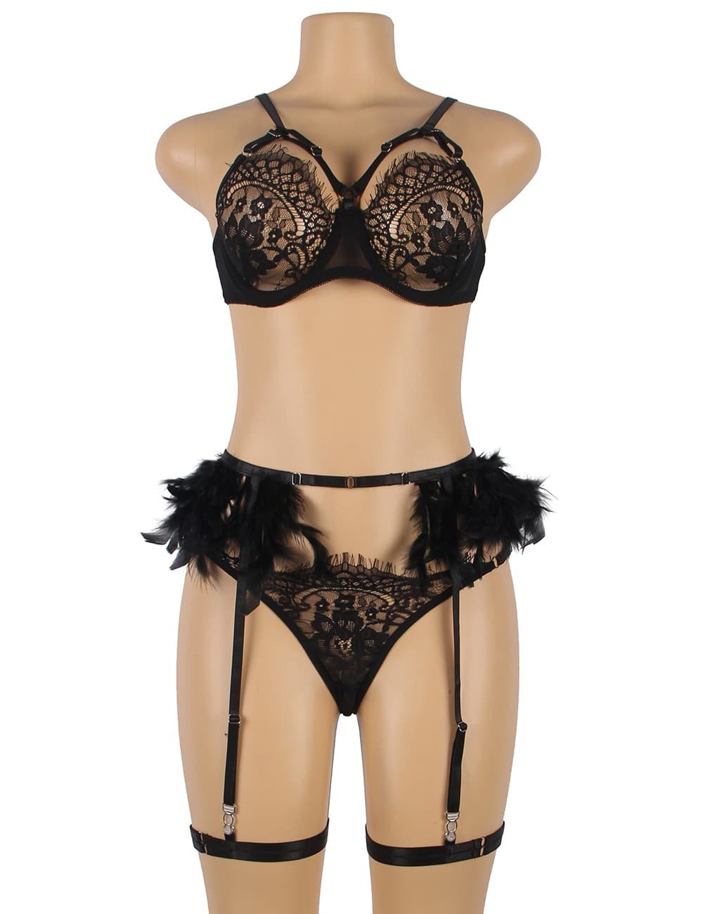 Black Feather Lace Underwire Garter Lingerie Set - Image 3