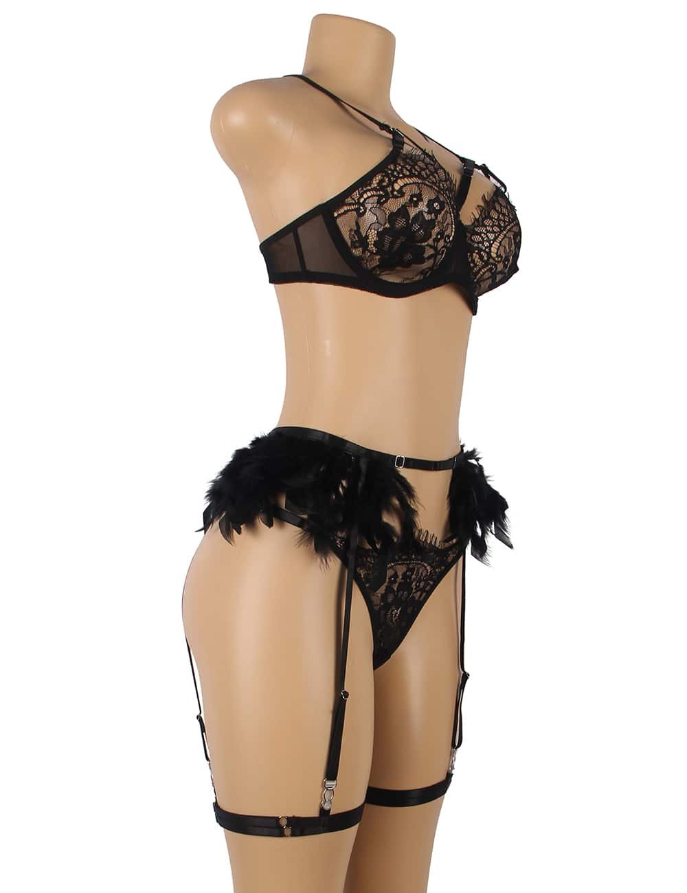 Black Feather Lace Underwire Garter Lingerie Set - Image 4