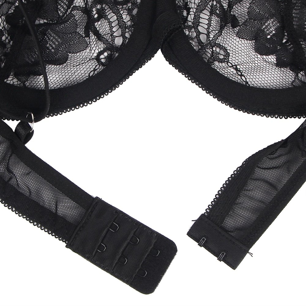 Black Feather Lace Underwire Garter Lingerie Set - Image 8