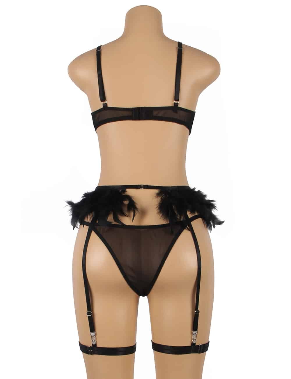 Black Feather Lace Underwire Garter Lingerie Set - Image 5