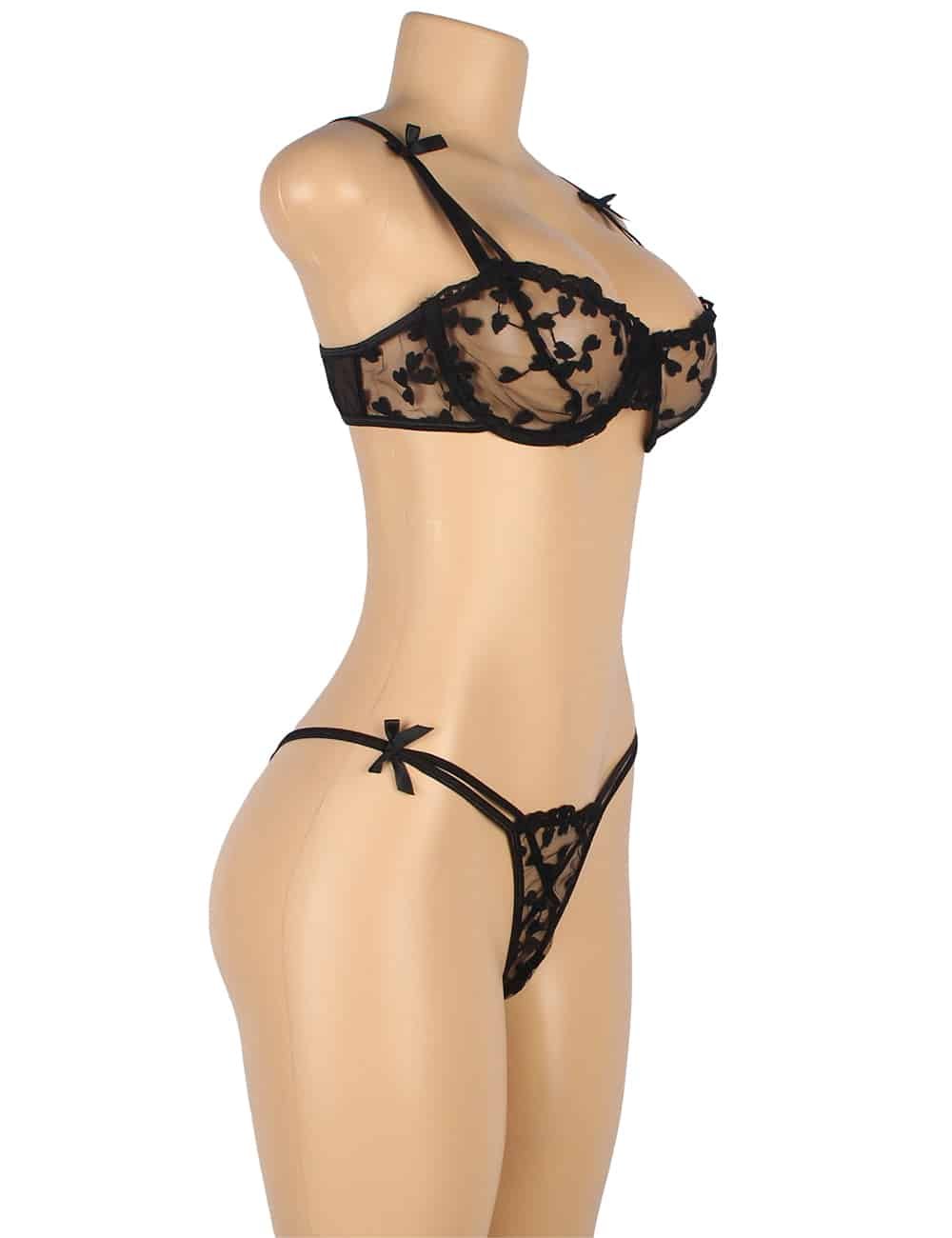 Black Underwire Mesh Flower Patterns Bra Set - Image 5