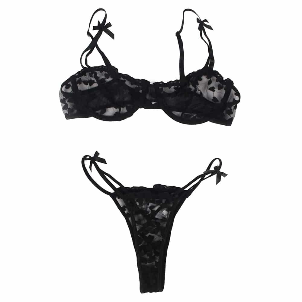 Black Underwire Mesh Flower Patterns Bra Set - Image 12