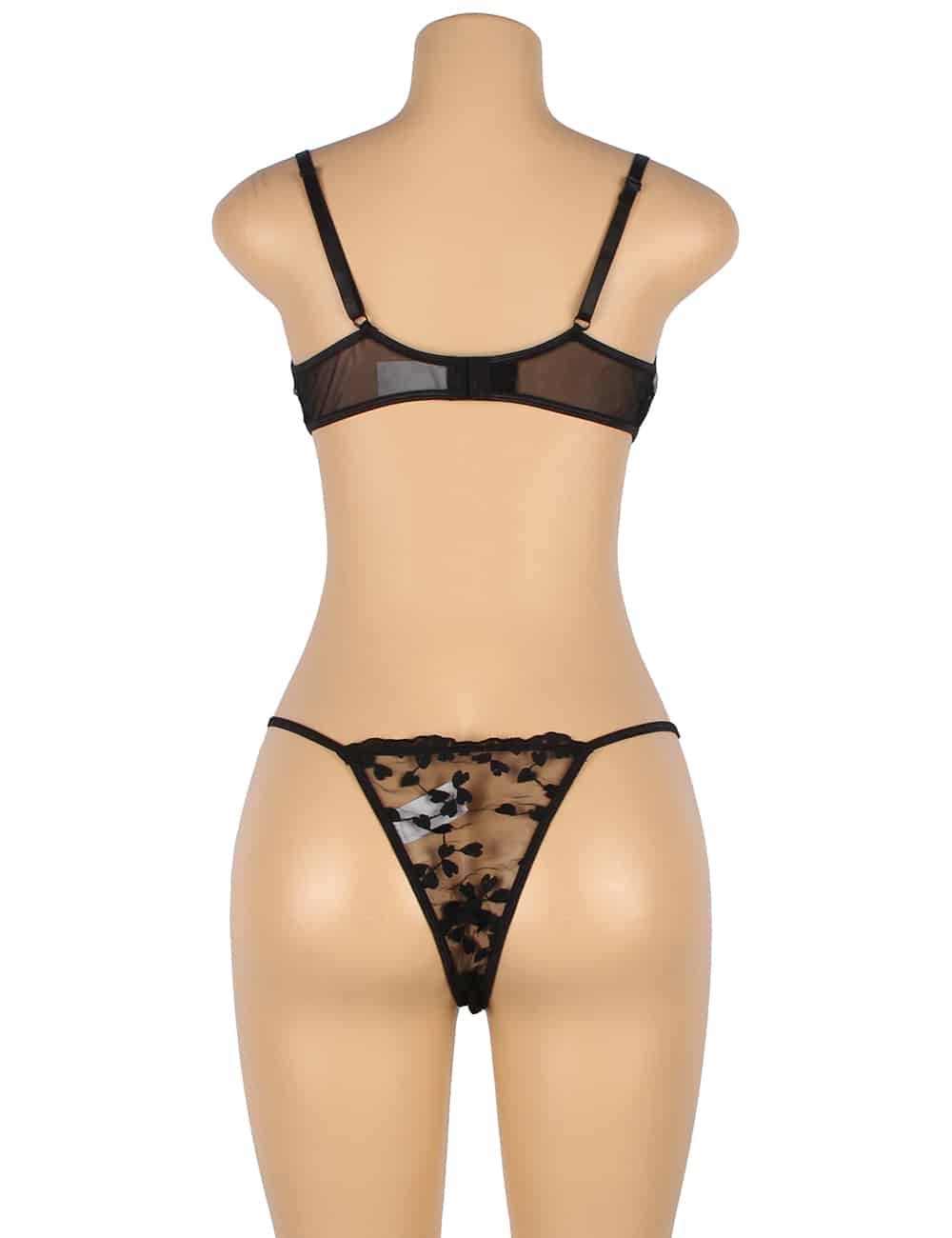 Black Underwire Mesh Flower Patterns Bra Set - Image 7