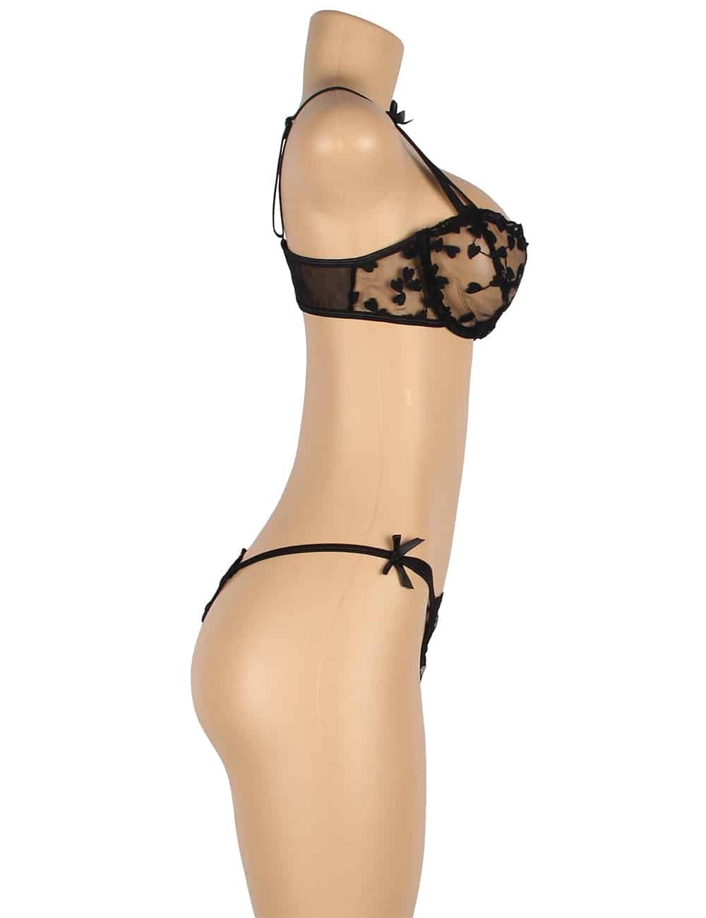 Black Underwire Mesh Flower Patterns Bra Set - Image 6