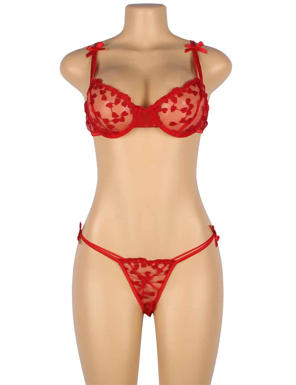 Red Underwire Mesh Flower Patterns Bra Set - Image 4