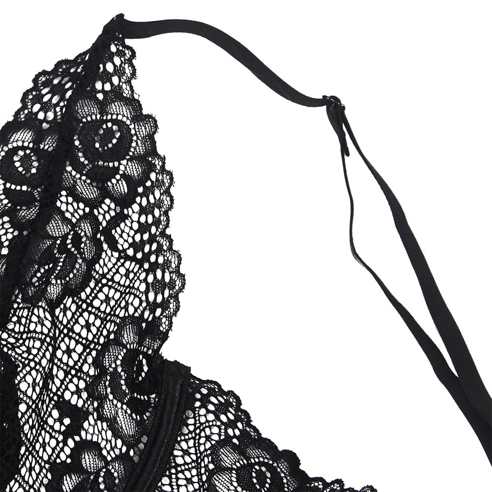 Sexy Black Lace Floral Decoration Underwire Backless Leather Lingerie - Image 11