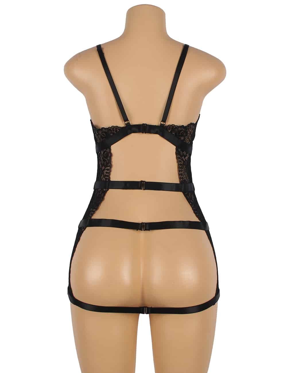 Sexy Black Lace Floral Decoration Underwire Backless Leather Lingerie - Image 7