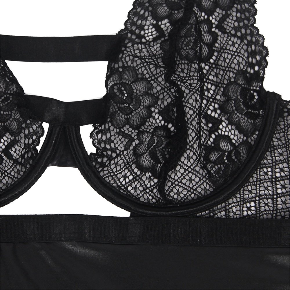 Sexy Black Lace Floral Decoration Underwire Backless Leather Lingerie - Image 8